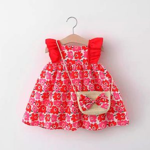 Mixed cotton frock with cute bag- 006
