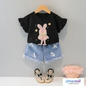 Denim pant with cute rabbit tops
