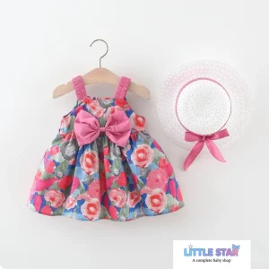 Pink printed frock with hat