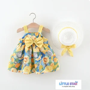 Yellow printed frock with hat